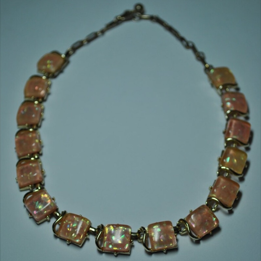Signed Coro Peach Confetti Lucite Thermoset Necklace
